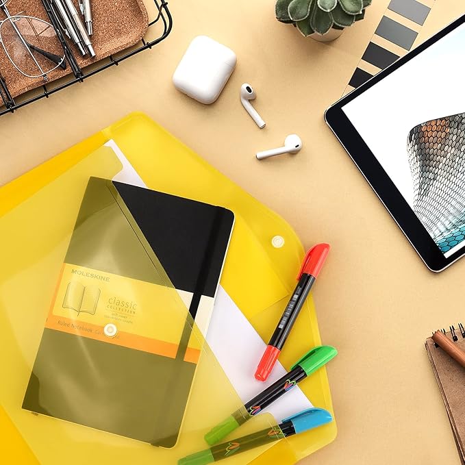 6 Pack Clear Document Folders Plastic Envelopes Poly Envelopes File Envelopes with Label Pocket and Snap Button for Home Work Office Organization, Letter Size/A4 Size, 6 Colors