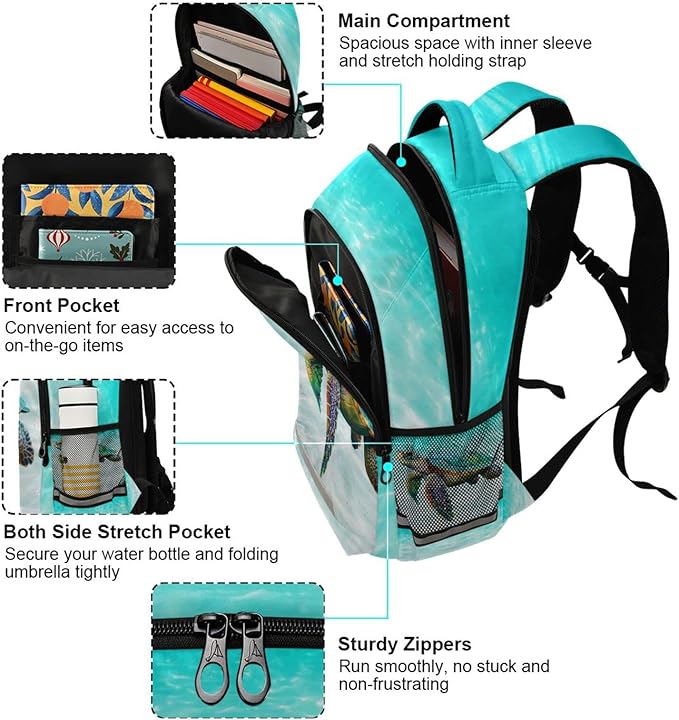 Sea Turtle Teal Backpack for Boys Girls Elementary School Bag Kids Bookbag Travel Rucksack