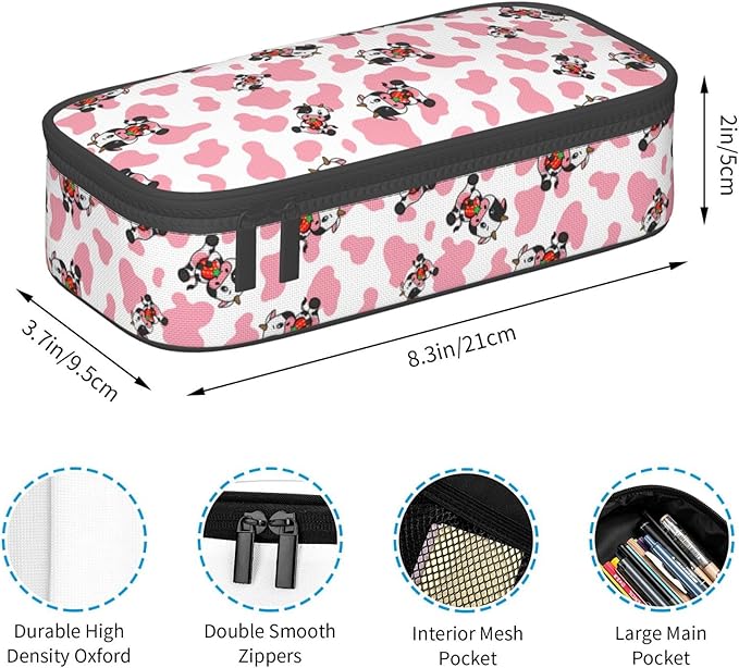 Pink Cows Strawberry Print Large Pencil Case With Zipper Compartments Stationery Pencil Bag For Kids Teens Students School Supplies