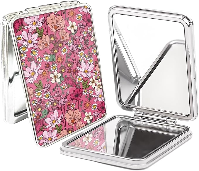 Compact Pocket Mirror, Cute Travel Mini Mirror with Magnification, Foldable Double-Sided Portable Cosmetic Mirror for Men, Women Pink Cute Flower