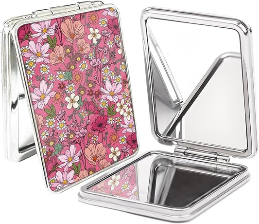 Compact Pocket Mirror, Cute Travel Mini Mirror with Magnification, Foldable Double-Sided Portable Cosmetic Mirror for Men, Women Pink Cute Flower