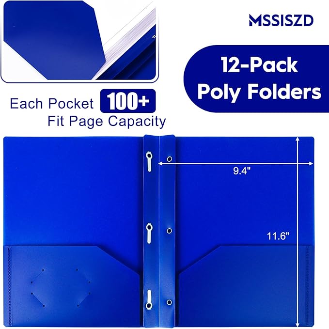 2-Pocket Folders with 3 Prongs,12-Pack Plastic Folders with Pockets and Prong Holds Letter Size Paper, Plastic Pockets Folder for School, Office and Home, Blue