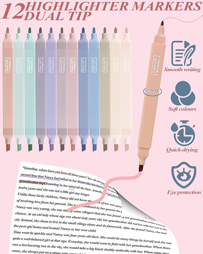 54Pcs Aesthetic School Supplies Set with Large Pastel Pencil Case 12 Dual Tip Highlighters, 6 Gel Pens, 5 Black Pens, 5 Mechanical Pencils (0.5-2.0mm) - Perfect Student & College Essentials Gifts