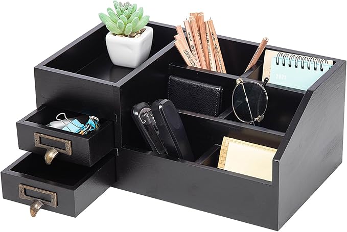 Distressed Rustic Wooden Office Desktop Organizer Wood Shelf Tabletop Home Organizer Storage with Multiple Compartments 2 Tier Drawers,perfect Jewelry storage Display Box for Desk, Vanity (Black)