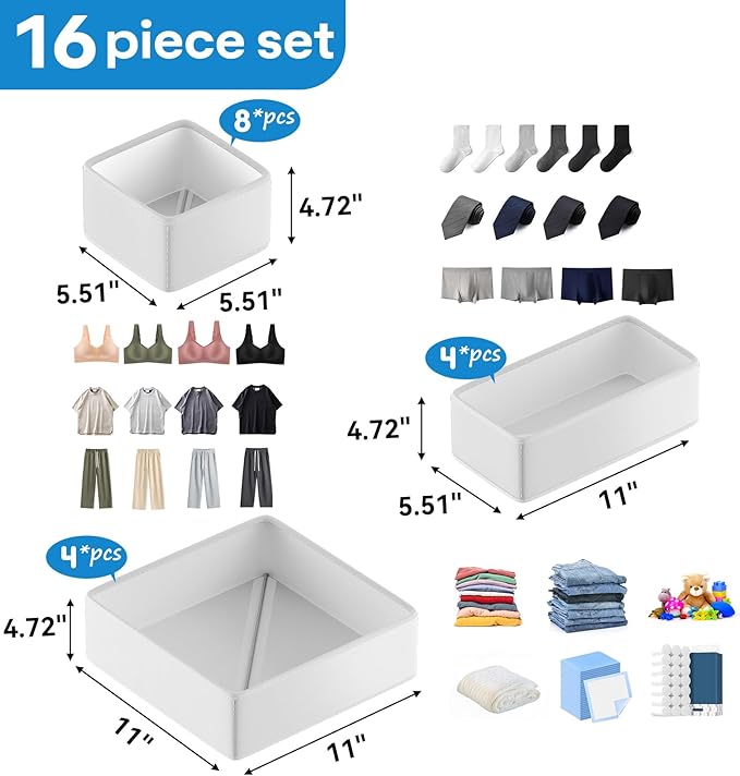 Vegan Leather Drawer Organizers,16 Pack Makeup Storage boxes,Vanity Drawer Luxury upgrade,Bedroom fabric Drawers replacement,bathroom organization and storage Optimal solution