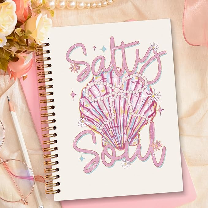 JXREQ Cute Pink Seashell Coastal Notebook Journal for Women, Preppy Pink Journaling Notebooks Coquette Office School Supplies, Beachy Spiral Notebooks 5.5x8.3