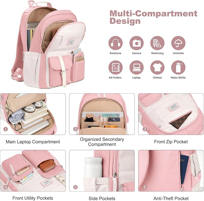 School Backpack BookBag for Teen Girl: 15.6 Inch Cute Laptop Backpacks for Middle High School Casual College Back Packs with USB Charging Port Aesthetic Daypack Travel Book Bag for Kids Students Women