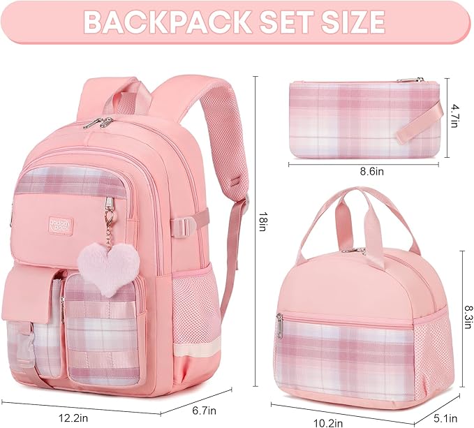 3PCS Student Backpack For School Women College Middle High Teen Girls Bookbag Waterproof Laptop Bag Plaid Pink