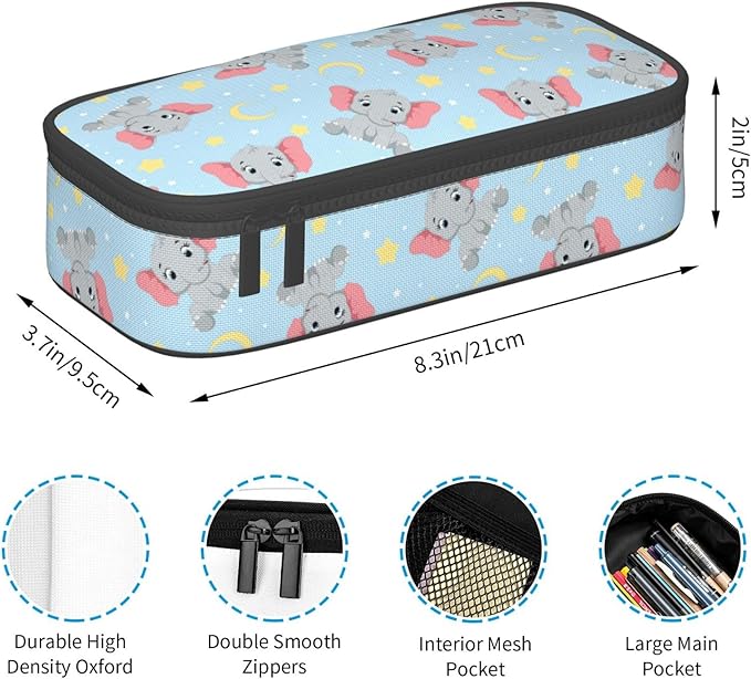 Cute Baby Elephant Large Pencil Case With Zipper Compartments Stationery Pencil Bag For Kids Teens Students School Supplies