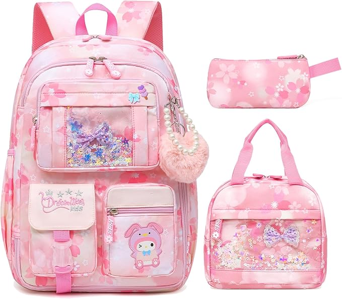 Lovely Girls Backpack School Bag for Students Kids Book Bag with Multiple Pockets Splash-proof Children's Backpack（17inch Set Pink）