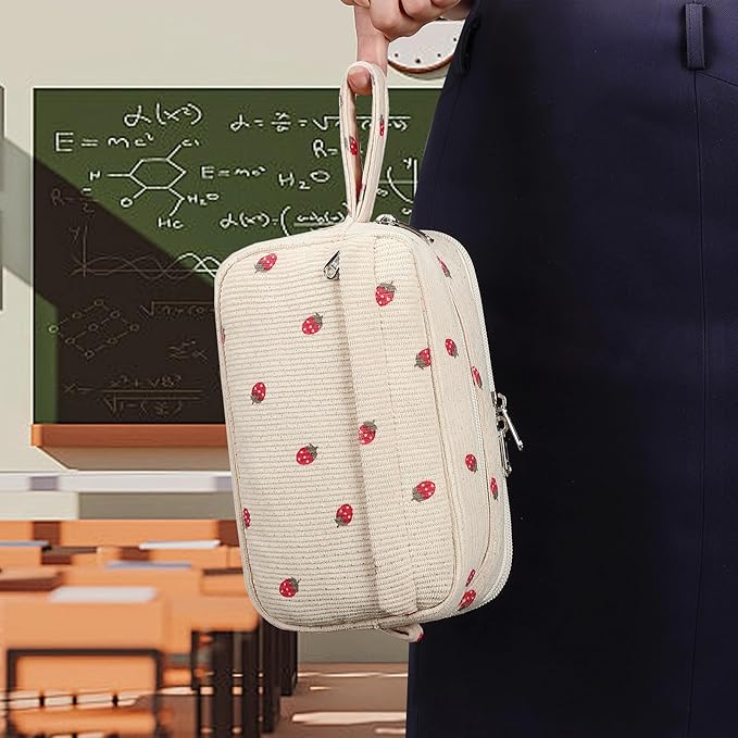 Bluboon Big Capacity Pencil Case Pencil Pouch Pen Case School Supplies Cute Pencil Box Pencil Bag for Teen Girls Boys Women Man (Strawberry Beige)