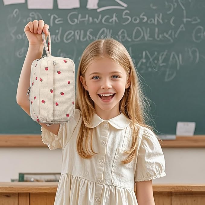 Bluboon Big Capacity Pencil Case Pencil Pouch Pen Case School Supplies Cute Pencil Box Pencil Bag for Teen Girls Boys Women Man (Strawberry Beige)