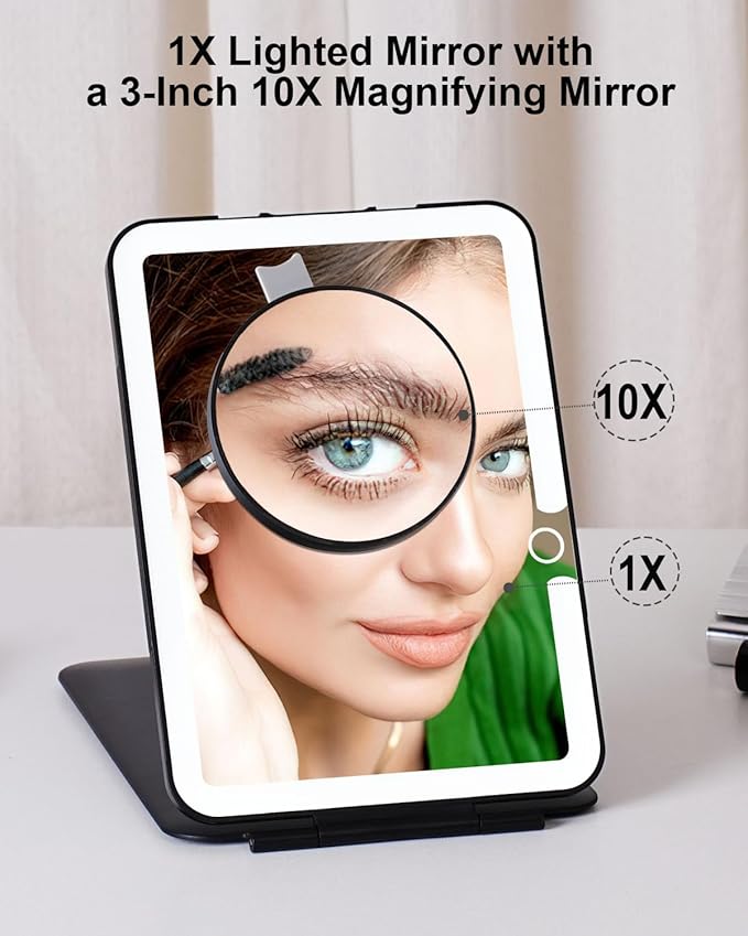 Rechargeable Travel Makeup Mirror with Lights, Portable Lighted Vanity 10X Magnification, 70 LEDs 3 Color Dimmable Touch Screen, Tabletop Folding Compact Cosmetic (Black)