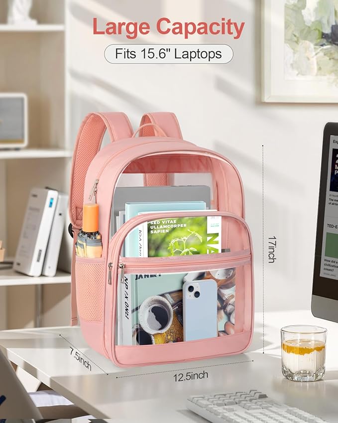Clear Backpack, Heavy Duty Transparent Bookbag for School, Fabric & PVC Transparent Backpack with Reinforced Strap for Women Men, Capacity Clear Bag for College, Travel, Security, Pink