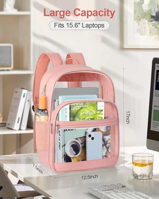 Clear Backpack, Heavy Duty Transparent Bookbag for School, Fabric & PVC Transparent Backpack with Reinforced Strap for Women Men, Capacity Clear Bag for College, Travel, Security, Pink