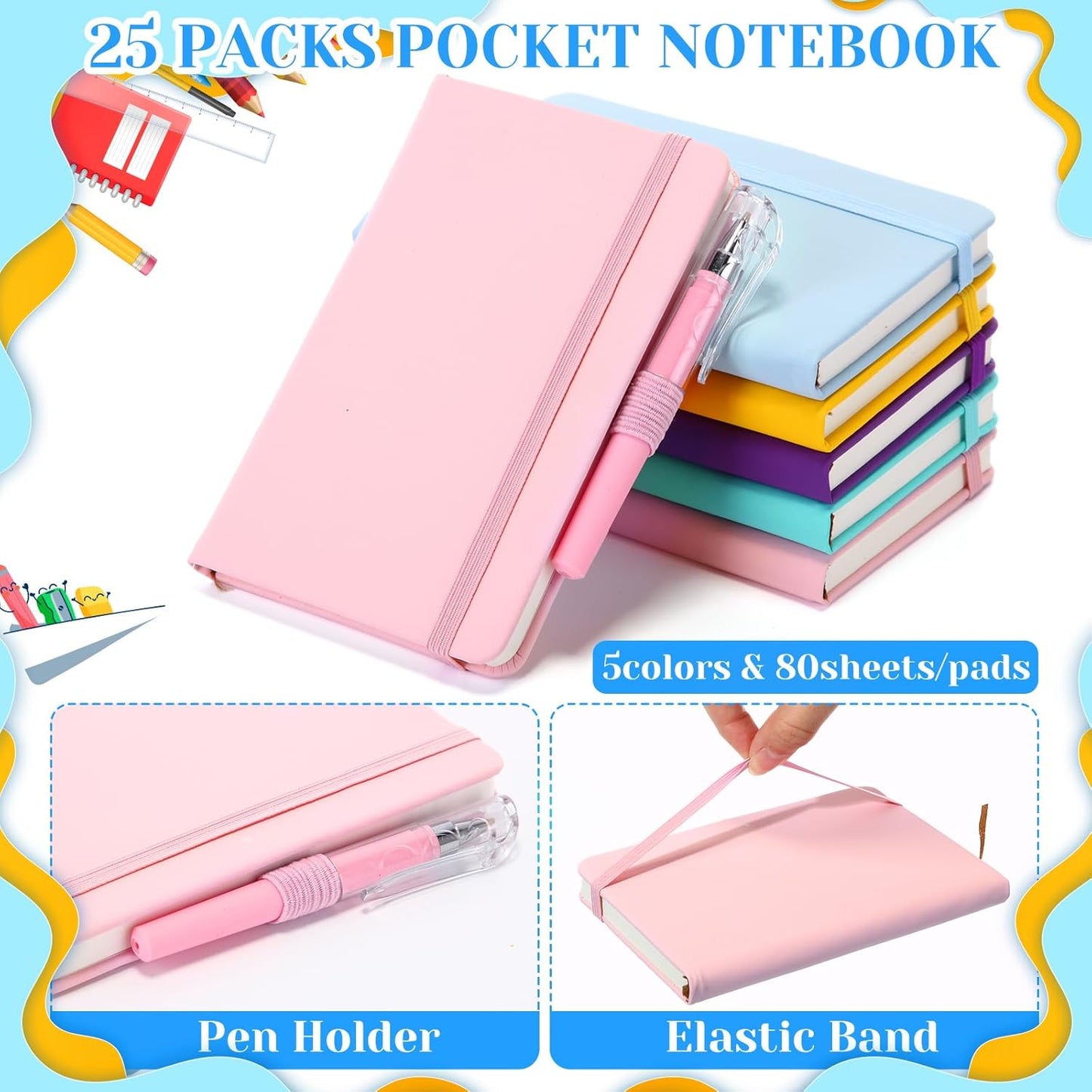 Sayglossy 25 Pack Pocket Small Notebook Journals with Pen 5.6'' x 3.7'' Mini Journaling Notepads A6 Ruled Journals Hardcover Lined Notebook Bulk with Pen Holder for Office School Memo(Macaron Colors)