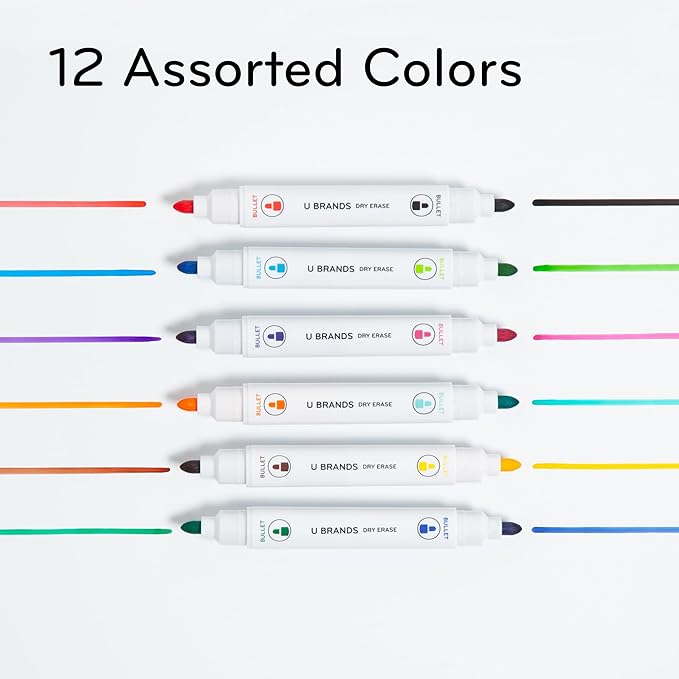 U Brands Fine Tip Dry Erase Markers with Eraser, Magnetic Double Ended Whiteboard Markers, Low Odor, Assorted Bright Colors, Set of 6