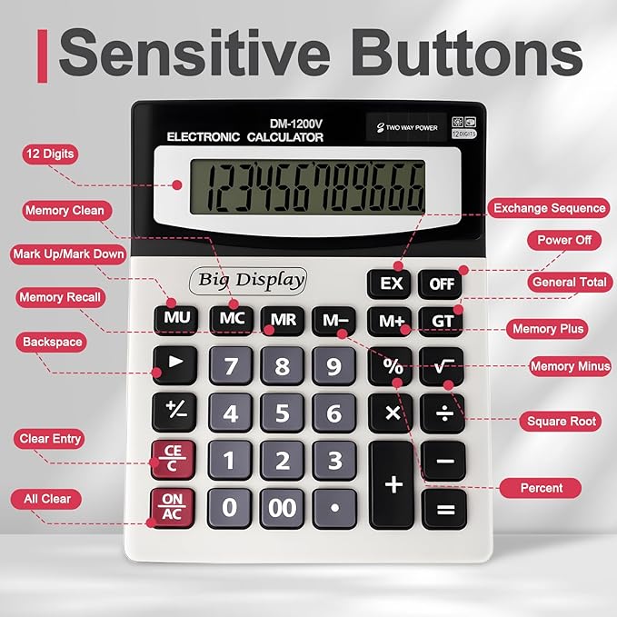 Desk Calculator, Extra Large 4in LCD Display, 12 Digits, Solar & Battery Dual Power, Calculators Desktop With Big Buttons, Auto Shut-off, Calculator for Office School Home Business Basic Black