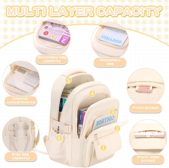 Cute Backpack for School Teen Girls Beige Bookbag Aesthetic Womens Travel Book Bags for School Kids Student Back Packs