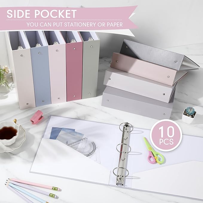 Ctosree 10 Pack Colored 3 Ring Binder with 2 Pockets Hardcover Loose Leaf Binder for Women Men Teacher Student School Office Home Supplies, Fits 11 x 8.5 Size Paper, 10 Colors(2'',Elegant Color)