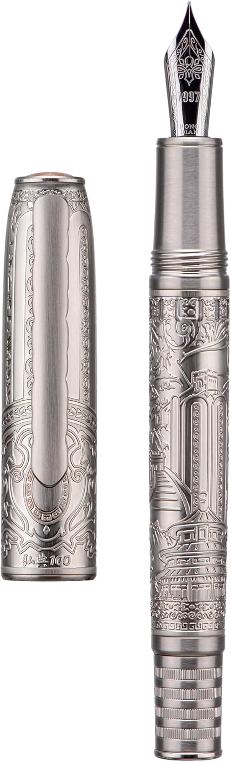 Hongdian 100 Silver Steel Piston Fountain Pen, Iridium Extra Fine Nib Calligraphy, Smooth Writing Pens, Nice Writing Pen for Men & Women