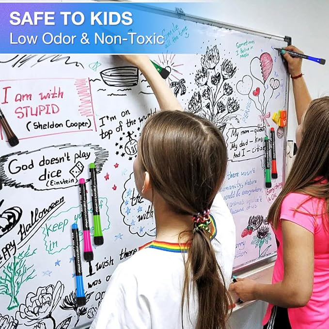 Magnetic Dry Erase Markers Fine: 12 Colors Erasable Whiteboard Markers Fine Point with Eraser Cap, Low Odor White Board Dry Erase Pens Fine Tip for Kids & Teachers, Home, Office and School Supplies