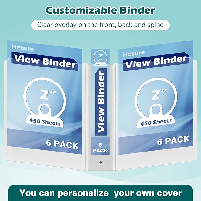 3 Ring Binder 2 Inch 6 Pack,2" Clear View with Round Rings, PVC-Free,Holds for 450 Sheets 8.5X 11 US Letter Size Paper, Durable White Binders Perfect for Office,School and Home