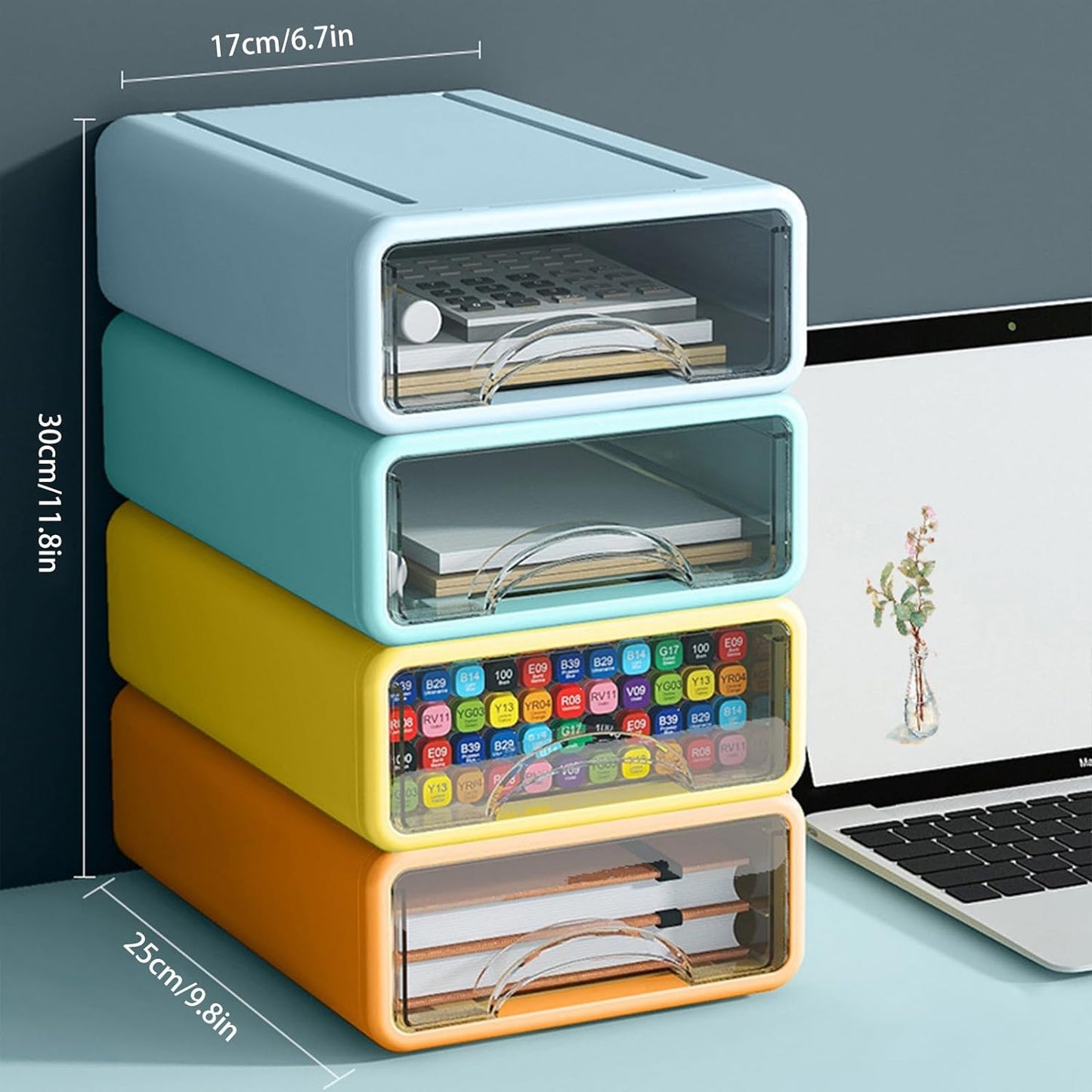 Desk Organizer with Drawers, Stackable Storage Drawers with Compartments Desktop Organization for Office Supplies, Makeup, Pencils, Tape, Erasers, Paperclips, Chargers (4 Pack)