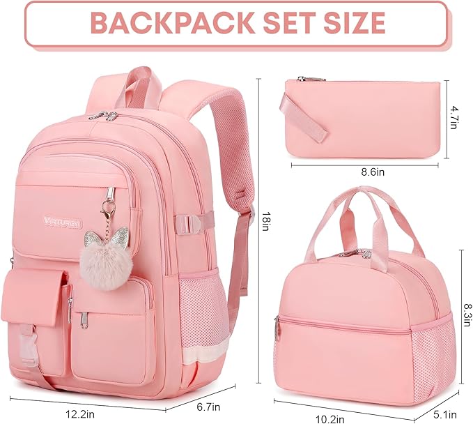 3PCS School Backpack For Student Women College Middle High Teen Girls Bookbag Waterproof Laptop Bag Pink