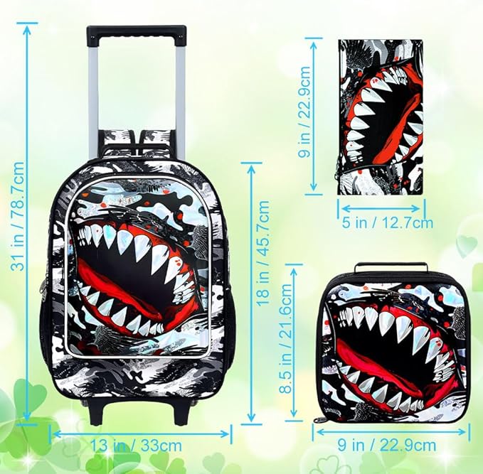 18" Shark Rolling Backpack for Boys, 3Pcs Kids School Backpacks with Wheels, Roller Bookbag with Lunch Box for Preschool Toddler Elementary(Black)