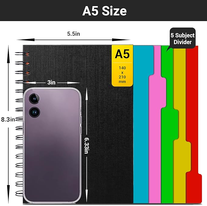 EUSOAR Notebook with Dividers, 1 Pack A5 5.5"x 8.3", 5 Subject, Hardcover College Ruled Paper 100gsm Thick, 120 Sheets/ 240 Pages, Notebooks & Writing Pads for Travelers School Office Business Gift
