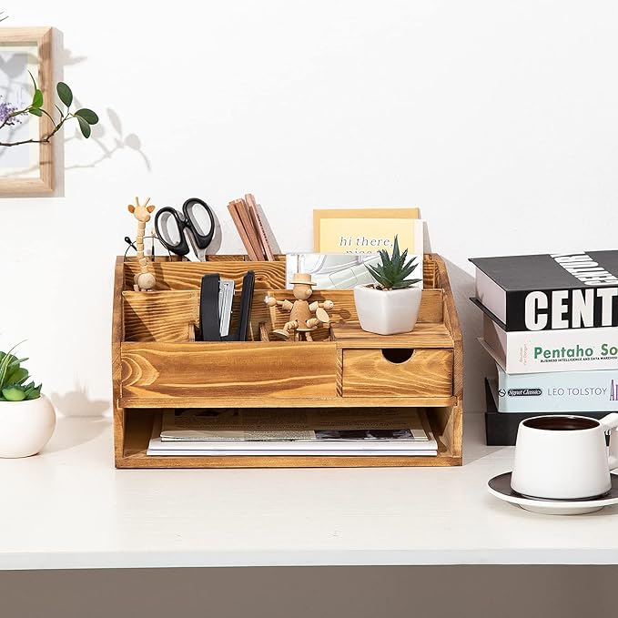 VERGOODR Wood Desk Drawer Organizers with File Organizer Pen holder Decor combo for Desk Organization, Office Desks, Home can arrange calculators, scissors, pens, note papers, etc. (Baked color)