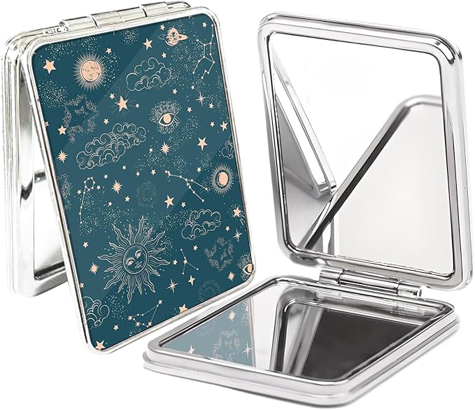 Compact Pocket Mirror, Cute Travel Mini Mirror with Magnification, Foldable Double-Sided Portable Cosmetic Mirror for Men, Women Blue Sun and Moon