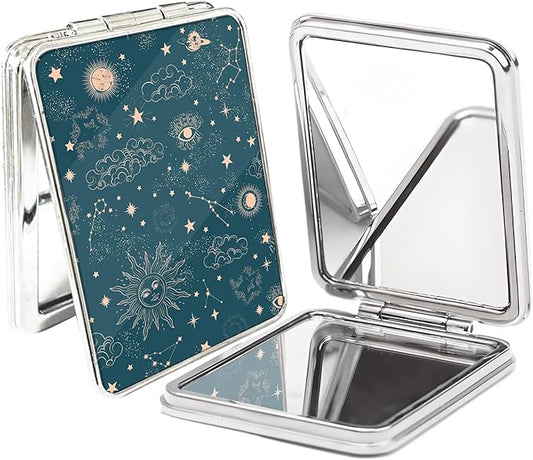 Compact Pocket Mirror, Cute Travel Mini Mirror with Magnification, Foldable Double-Sided Portable Cosmetic Mirror for Men, Women Blue Sun and Moon
