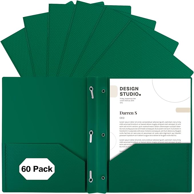 60-Pack Plastic Folders with Pockets and Prongs,2-Pocket Folders with 3 Fasteners, Poly Folders Holds 8-1/2" x 11" Paper for School/Office/Home