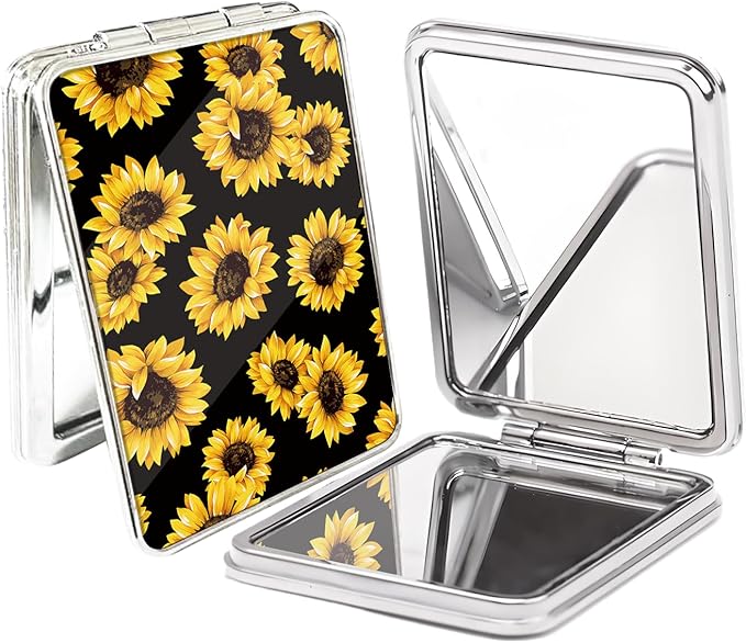 Compact Pocket Mirror, Cute Travel Mini Mirror with Magnification, Foldable Double-Sided Portable Cosmetic Mirror for Men, Women Sunflowers