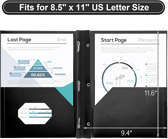 SUIN Plastic Project-Folders with 2 Pockets & 3 Prong, Bulk Pack Project File-Folder for US Letter Size Papers, Ideal for School & Office, Assorted Pastel Colors (Black)