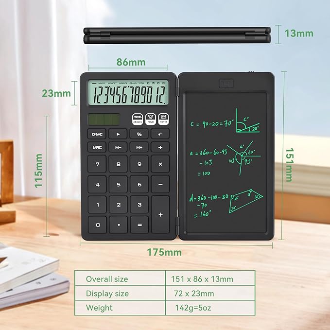 NEWYES Calculator, with Writing Tablet and Pen, Solar & Battery Powered, Suitable for Students, Families, Offices (Black)