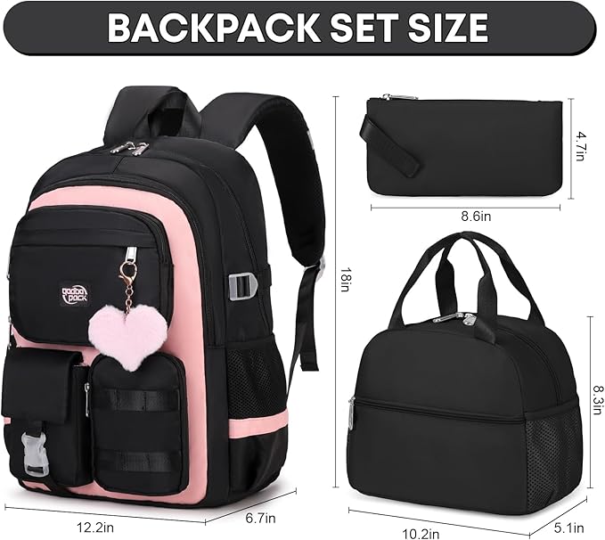 3PCS Girls Backpack For College Middle High School Student Teens Women Bookbag Waterproof Laptop Bag Black Pink