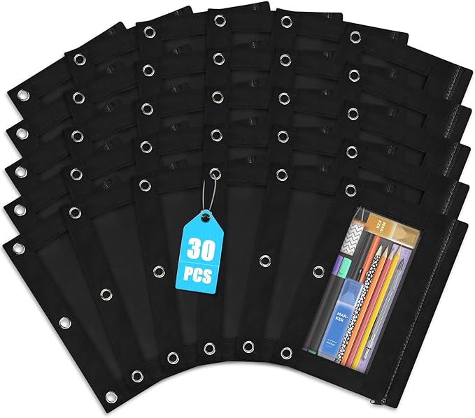 Shemira Pencil Pouch for 3 Ring Binder, 30 Pack Pencil Pouches Bulk, Binder Pencil Pouch with Smooth Zipper, Zipper Pencil Pouches, 3 Ring Binder Pencil Pouches, Clear Window Pencil Case,Black