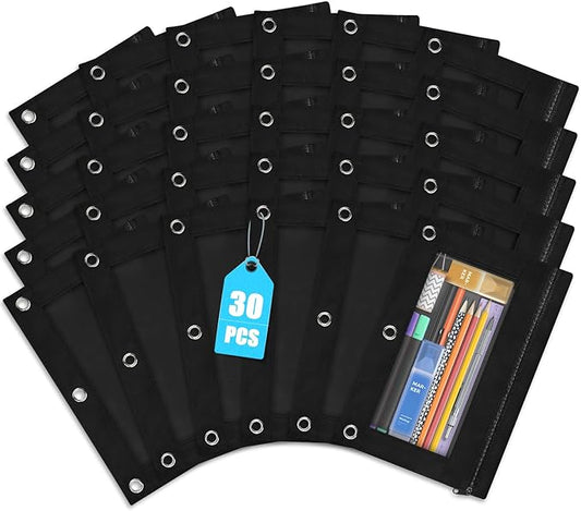 Shemira Pencil Pouch for 3 Ring Binder, 30 Pack Pencil Pouches Bulk, Binder Pencil Pouch with Smooth Zipper, Zipper Pencil Pouches, 3 Ring Binder Pencil Pouches, Clear Window Pencil Case,Black