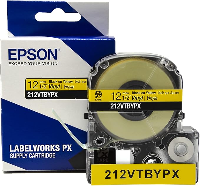 Epson LABELWORKS 212VTBYPX Genuine Tape Cartridge - Black on Yellow Flexible and Durable Vinyl Industrial Label Maker Tape - 1/2" (12MM) Wide, 22.9 ft