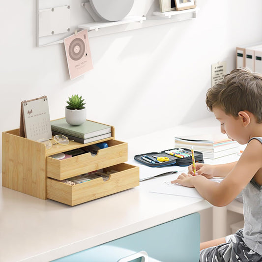 Wisuce Bamboo Desk Organizer - Mini Bamboo Desk Drawer Tabletop Cosmetic Storage Organization for Office or Home (Nature 2 Drawers)