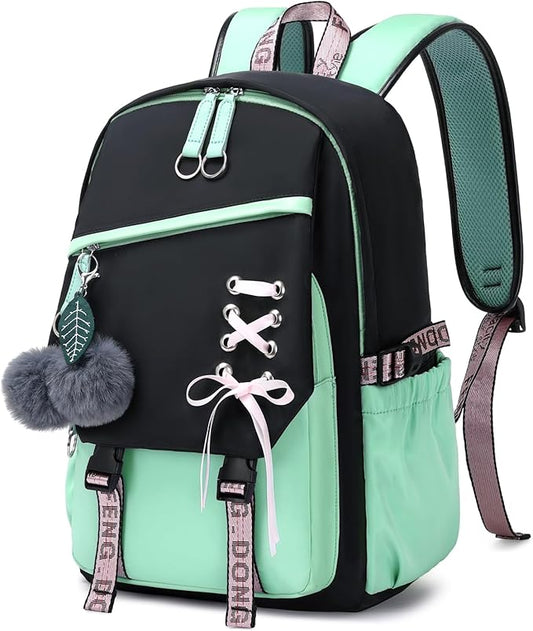 FENGDONG Teenage Girls Bookbag school Backpack Children Casual Daypack Schoolbag for Teens Green
