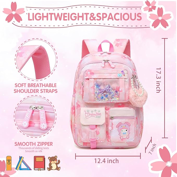 Lovely Girls Backpack School Bag for Students Kids Book Bag with Multiple Pockets Splash-proof Children's Backpack（17inch Pink）