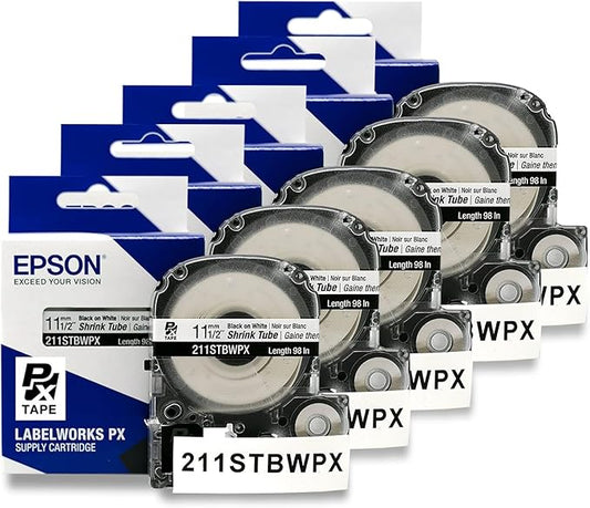 Epson LABELWORKS 211STBWPX-5PK Genuine Tape Cartridge - 5 Unit Pack of Black on White Shrink Tube Industrial Label Maker Tape - AWG 2-8, 1/2" (11MM) Wide, 8 ft (96") - 5 Pack