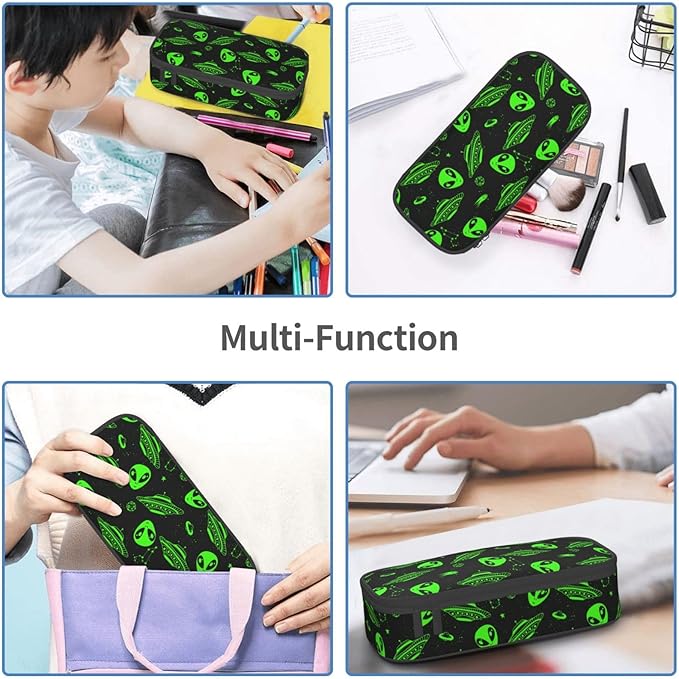 Green Ufo Alien Star Large Pencil Case With Zipper Compartments Stationery Pencil Bag For Kids Teens Students School Supplies