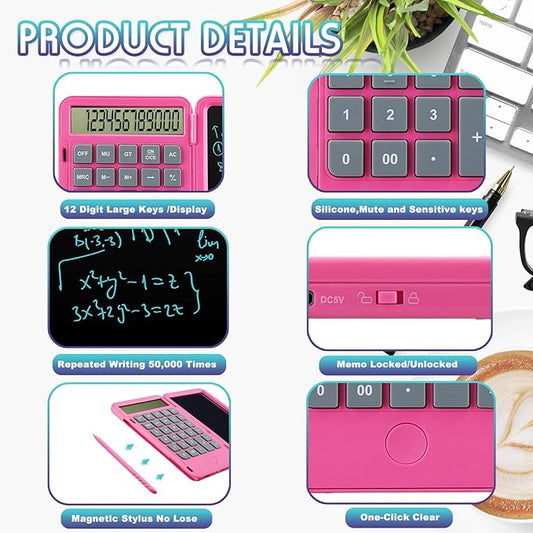Hion Calculators,12-Digit Large Display Rechargeable Pocket Office Desktop Calculator with Erasable Wiriting Tablet,Mute Basic Desk Calculators with Doodle Pad for Student Home School,Pink