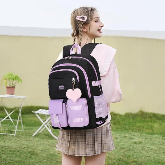 3PCS Student Backpack For School Women College Middle High Teen Girls Bookbag Waterproof Laptop Bag Black Purple