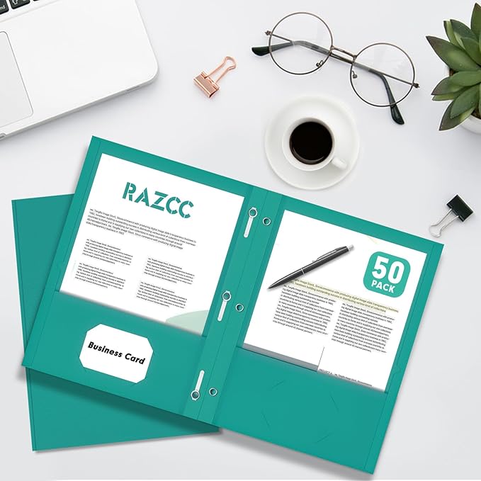 Two Pocket Folders, RAZCC 75 Pack Two Pocket Folders with Prongs, 3 Prong Folders Fit Letter Size Paper, Pocket File Folders for School Office Home Business, Turquoise
